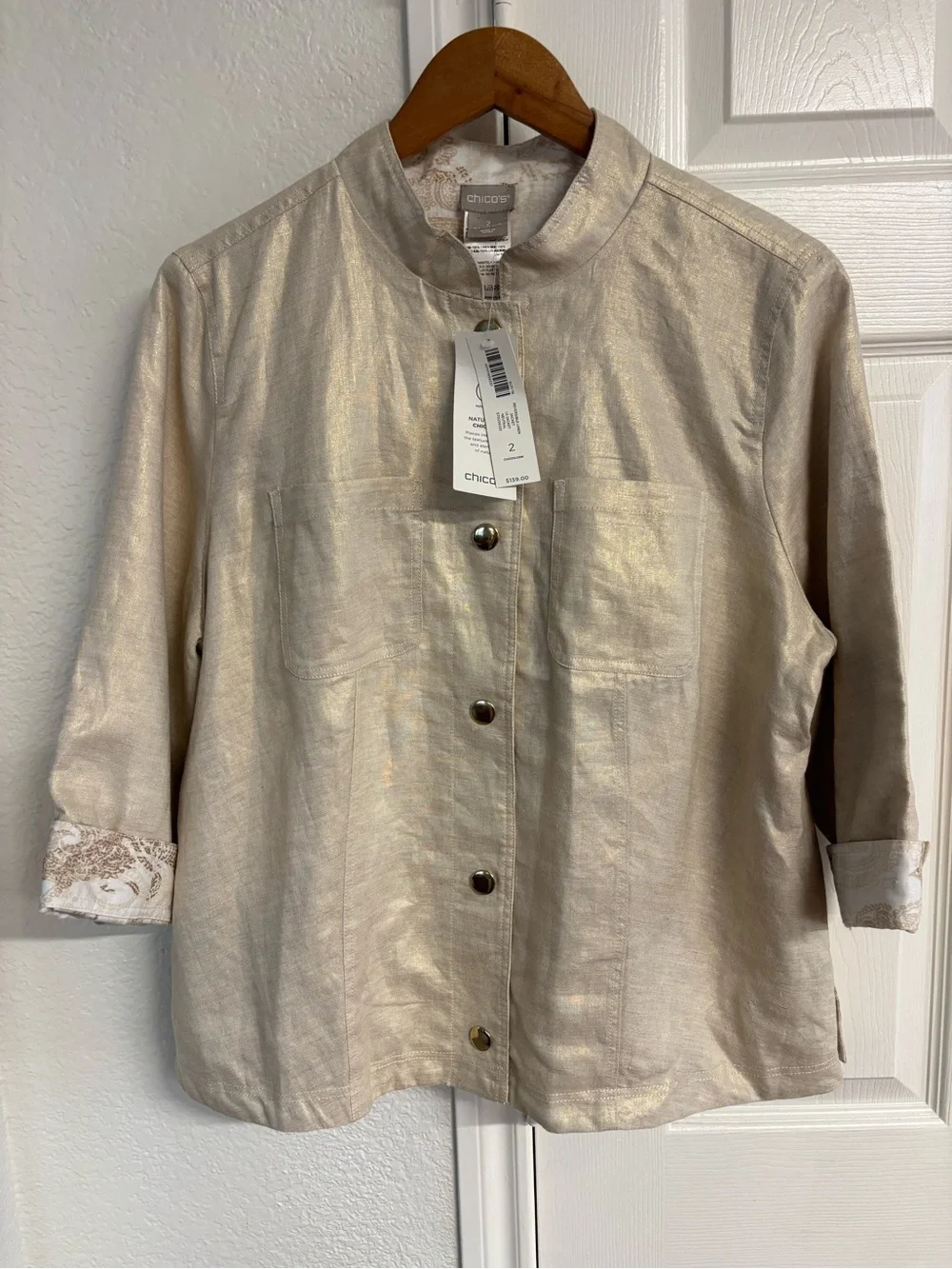 Chico's Women Jacket Linen Gold Metallic Snap Closure Career Blazer Size 2 12/14